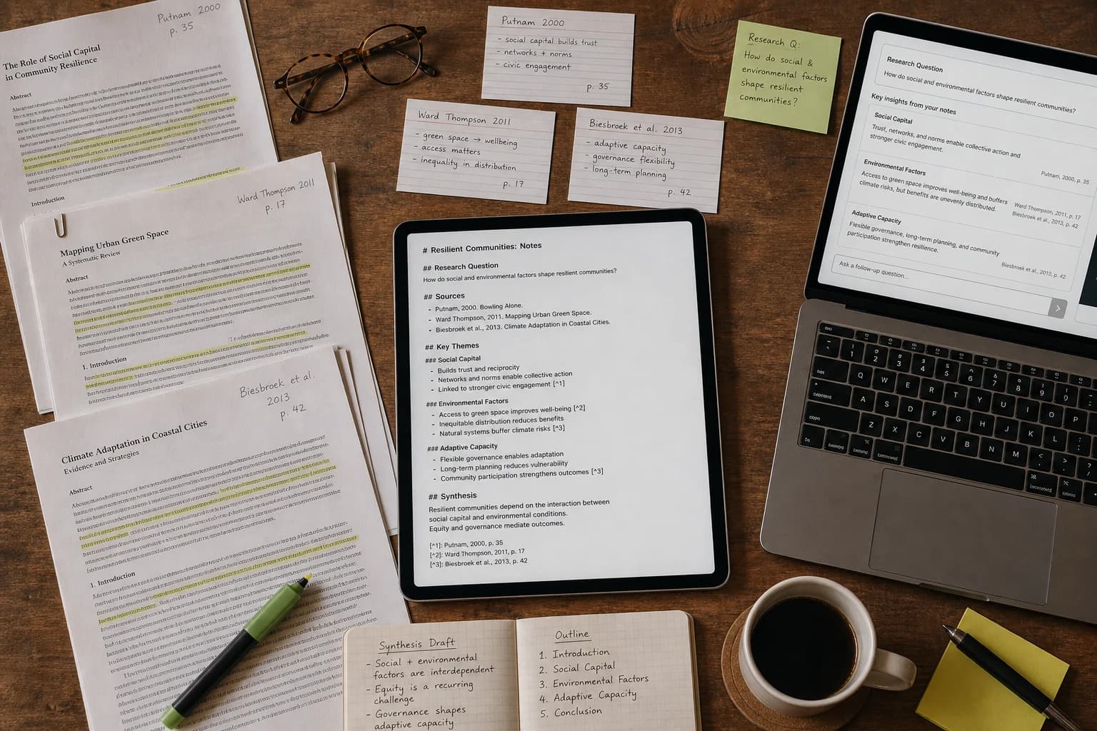 An overhead research desk with PDF papers, structured Markdown notes, and a searchable research panel
