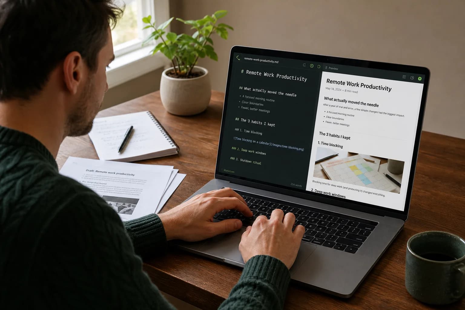 A content creator editing converted Markdown beside a blog preview