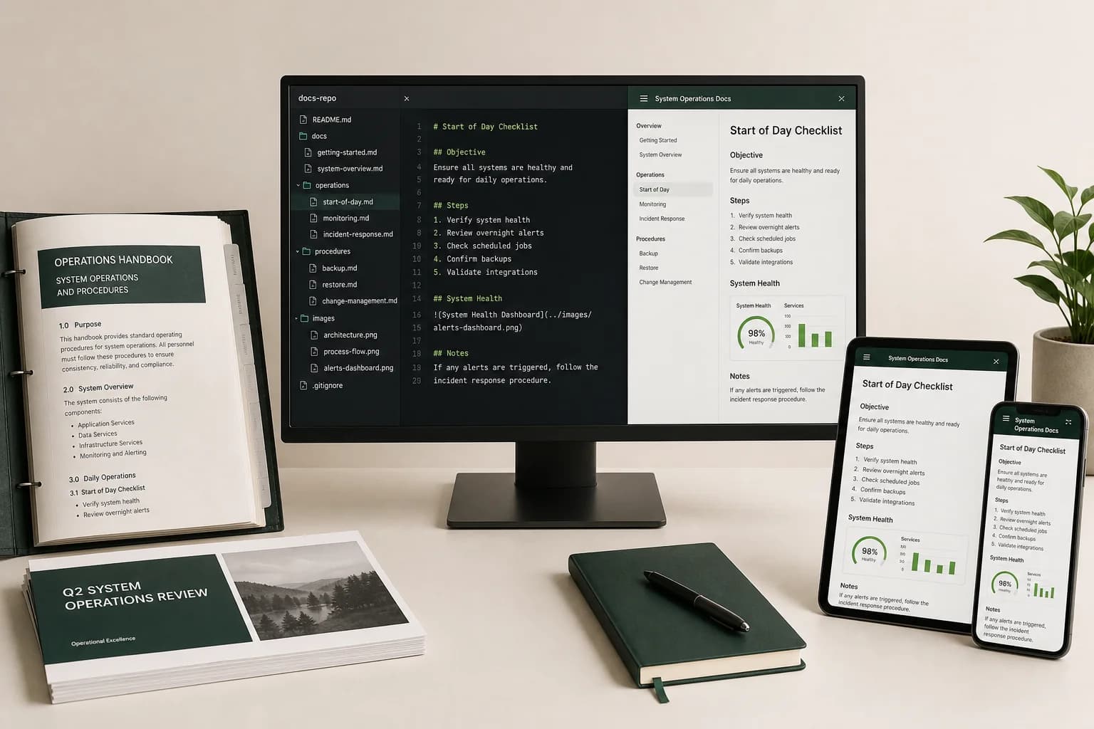 An operations handbook migrated into a Markdown repository and responsive documentation site